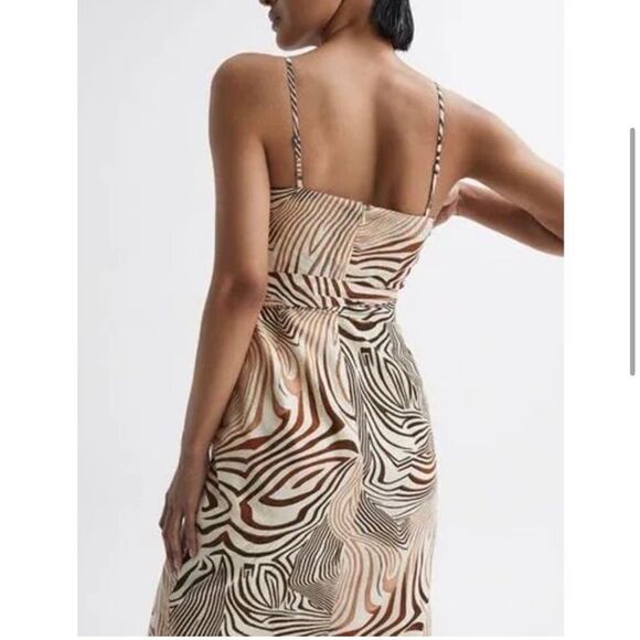 REISS Linen Blend Zebra Print Dress Size 10 Cream Brown Surplice Tie Waist Midi - Picture 13 of 14